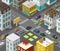 Isometric city. Town district street. Advertising billboard on the road Intersection crosswalk. Vector high detail city projection