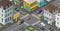 Isometric city. Town district street. Advertising billboard on the road Intersection. Vector high detail city rectangular