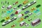 Isometric city transport with front and rear views. Trolley, plane, helicopter, bicycle, sedan, van, cargo truck, off