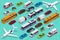 Isometric city transport with front and rear views. Trolley, plane, sedan, van, cargo truck, off-road, bike, mini and