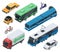 Isometric city vehicles and public transport car, train, bus. Urban transportation bike, motorcycle, taxi, cargo truck