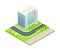 Isometric Cityscape with Apartment Block or Multistory Structure on Green Lawn Vector Illustration