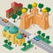 Isometric cityscape of buildings, temple, fortress wall with towers, roadway, cars and people