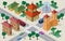 Isometric cityscape of east asian buildings, streets, pagoda, fortress gates, fountain, crossroad, cars, buses and people