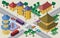 Isometric cityscape of east asian buildings, streets, pagoda, fountain, crossroad, cars, buses and people