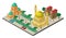 Isometric cityscape with multicultural citylife. Mosque with minarets, urban buildings, trees, benches, car and people