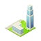 Isometric Cityscape with Skyscraper and Multistory Structure on Green Lawn Vector Illustration
