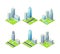 Isometric Cityscape with Tall Multistory Structure on Green Lawn Vector Set