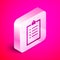 Isometric Clipboard with checklist icon isolated on pink background. Control list symbol. Survey poll or questionnaire