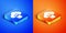 Isometric Cloud or online library icon isolated on blue and orange background. Internet education or distance training