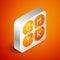 Isometric CMYK color mixing icon isolated on orange background. Silver square button. Vector