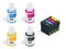 Isometric CMYK set of cartridges for ink jet printer and color chart. Empty refillable cartridges for colour inkjet