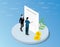 Isometric code of conduct concept with business man standing together on front of text and reading - vector