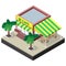 Isometric coffee shop with tables, chairs and palm trees