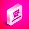Isometric Coffin icon isolated on pink background. Funeral ceremony. Silver square button. Vector