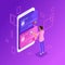 Isometric colorful concept of managing online credit cards, online bank account, man transferring money from card to card