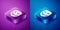 Isometric Comedy theatrical mask icon isolated on blue and purple background. Square button. Vector