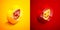 Isometric Comedy theatrical mask icon isolated on orange and red background. Circle button. Vector