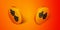 Isometric Comedy and tragedy theatrical masks icon isolated on orange background. Orange circle button. Vector