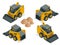 Isometric Compact Excavators. Orange wheel Steer Loader isolated on a white background