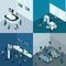 Isometric concept of airport operation, business trip, passport control, baggage claim, 4 concept situations