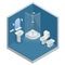 Isometric concept of Bathroom interior design with shower cabin, shower mirror and towels, toilet, bidet, vector