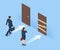 Isometric concept of man is standing in front of three doors and having a choice. Symbol of choice, career path or