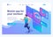 Isometric concept The mobile app tracks a man`s workout. Jogging athlete, tracksuit headphones. Landing page template for the site