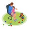 Isometric concept of Mom tells children tales in the nursery. Happy family and childhood concept.