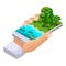 Isometric concept of outdoor recreation, shore of the lake, friends vacation on weekends, bbq, nature, forest, kayak, canoe