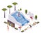 Isometric concept scene with surfer training wave pool and people around