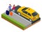 Isometric concept of taxi car, traveling people with baggage, a mobile taxi call application. Active recreation and