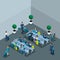 Isometric concept of the waiting room international airport, transit zone, business ladies and businessmen on a business trip