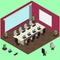 Isometric conference room with laptop, table, armchairs