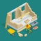 Isometric construction of a brick house. House building process vector illustration. Constructing home with tools and