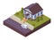 Isometric contactless product delivery, online orders. Scene with townhouse, car and boxes near porch