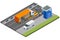 Isometric Container car on the weighing scale Cargo transport, Truck trailer with container. Loaded trailer truck on