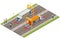 Isometric Container car on the weighing scale Cargo transport, Truck trailer with container. Loaded trailer truck on