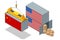Isometric Containers with USA and China flag. Trade between the US and China. Sea freight. Marine cargo port.