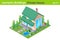 Isometric Cottage Private House with backyard garden Building flat vector collection