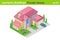 Isometric Cottage Private House with backyard garden Building flat vector collection