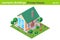 Isometric Cottage Private House with backyard garden Building flat vector collection