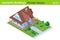 Isometric Cottage Private House with backyard garden Building flat vector collection