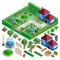 Isometric country house and yard with garden, park; fountains, architecture design elements, landscape constructor