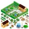 Isometric country house and yard with garden, park; fountains, architecture design elements, landscape constructor