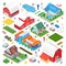 Isometric Countryside Farm scene generator creator vector design objects illustration. Cottage hangar school buildings