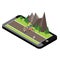 Isometric countryside. Summer road. Mobile geo tracking. Map. Woman and man cycling on countryside summer sunny road or