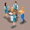 Isometric courier delivered parcel to business woman in office, bank staff examine box, vector illustration