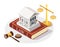 Isometric court building standing on the Law book, scales of justice, gavel, flat vector illustration. Arbitration court