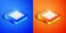 Isometric Cracker biscuit icon isolated on blue and orange background. Sweet cookie. Square button. Vector